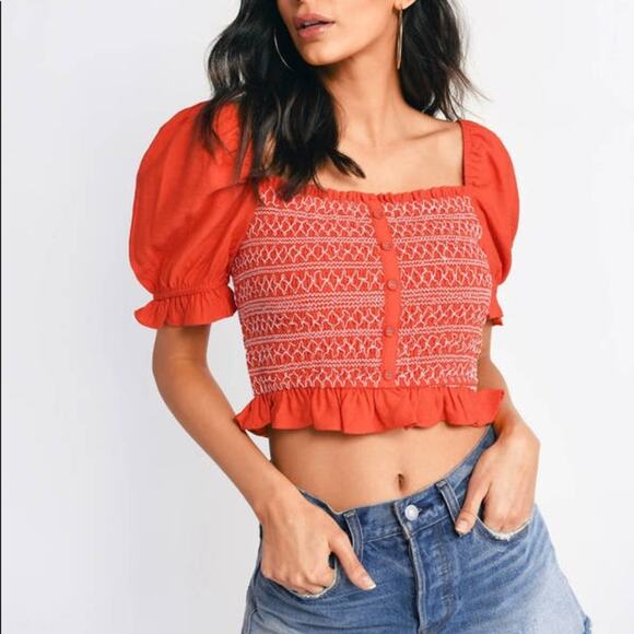 Lost + Wander | Bloody Mary red smocked top crop puffed sleeve size large - Picture 1 of 10